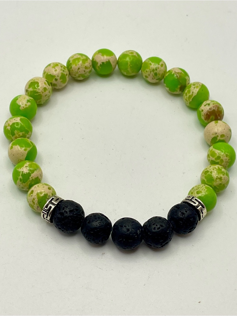 Green Imperial Jasper and Black Lava Rock Beaded Stretch Bracelet. Diffuser, Oil